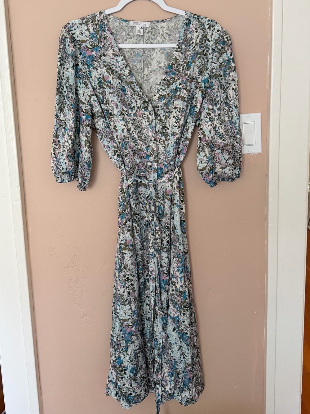 Nordstrom Cream Floral Wrap Maxi Dress with Blue and Pink Accents